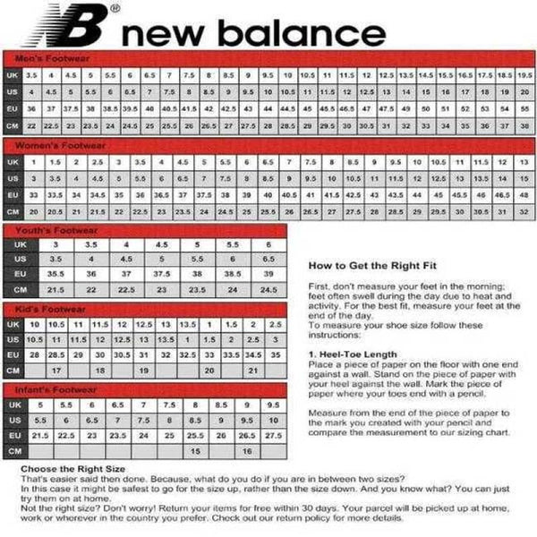 New balance size store chart nz